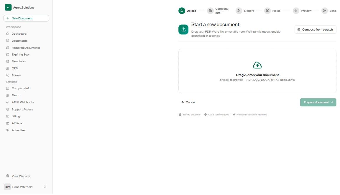 The New Document screen, with a drag-and-drop area for a PDF, Word or text file and a Compose from scratch option. A six-step progress bar runs across the top: Upload, Company Info, Signers, Fields, Preview, Send.