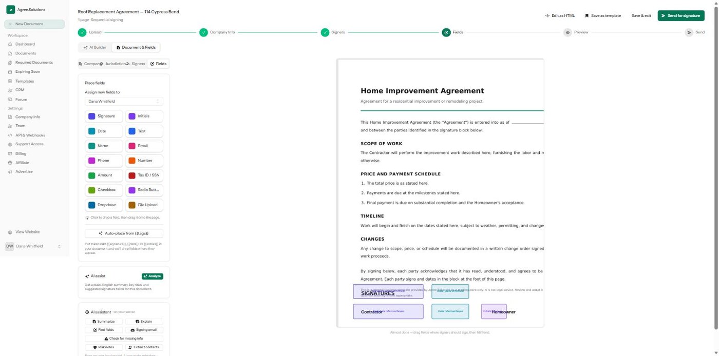 The document builder. A palette of field types — signature, initials, date, text, name, email and more — sits beside the open agreement, with placed signature, date and initials fields shown as coloured chips over the signature block, one colour per signer.