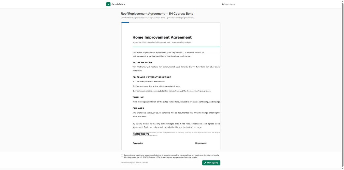The signer's view: the agreement shown in full with a consent checkbox for electronic records under the ESIGN Act and UETA, a Start Signing button, and a note that no account is required.
